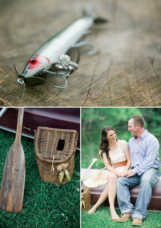 Engagement ring on fishing lure with couple in boat