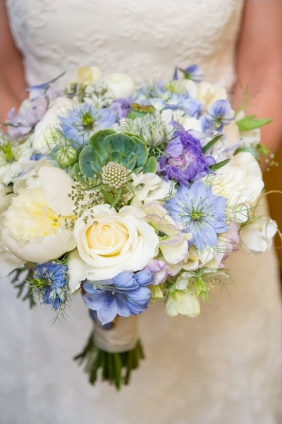 blue and white wedding bouquet by Laughin' Gal Floral