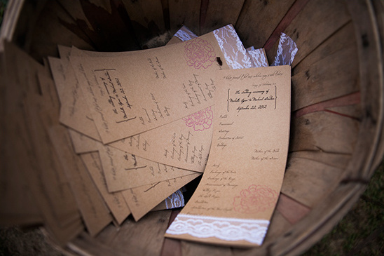 Wedding programs with lace and floral accents in a rustic basket