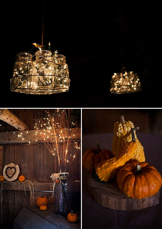 Rustic fall decorations featuring pumpkins and string lights