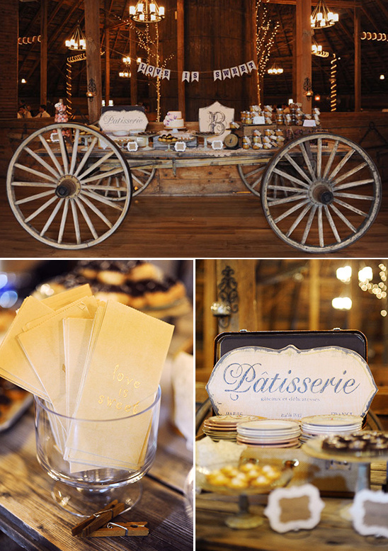 Rustic wedding dessert bar with cart and pastries decorations