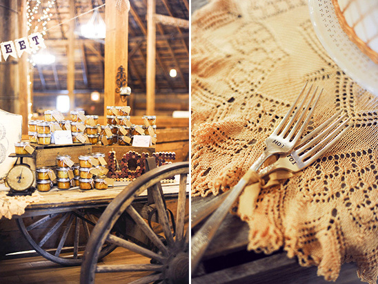 Rustic wedding decor with jars and vintage forks details