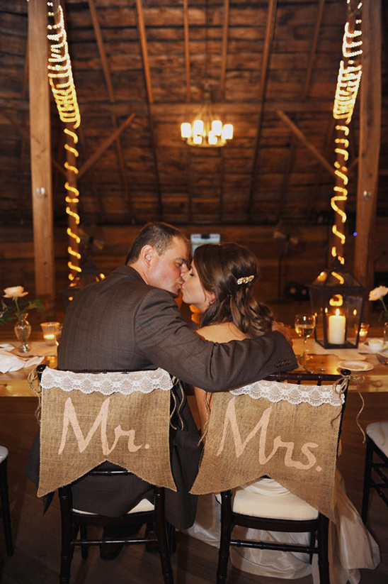 Newlywed couple sharing a kiss at their wedding reception