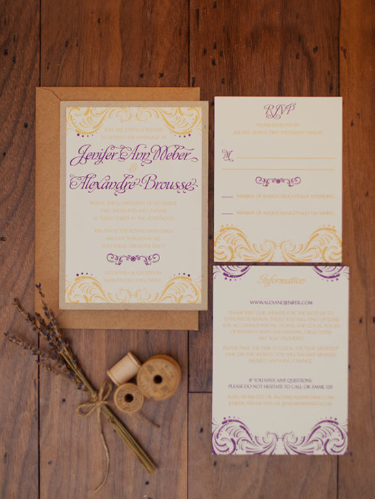 Elegant wedding invitation suite with purple and gold details
