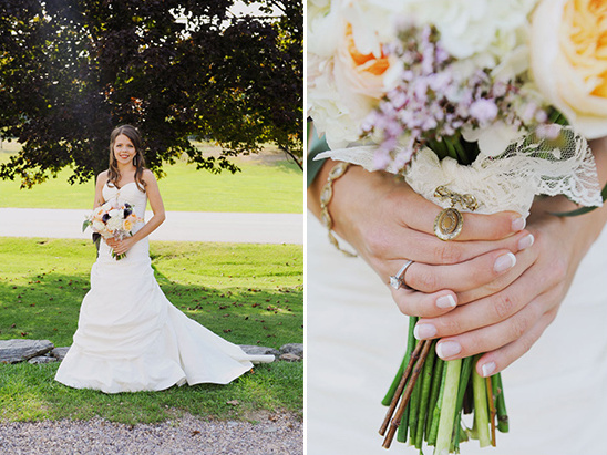 Elegant bride in white wedding dress with a flower bouquet