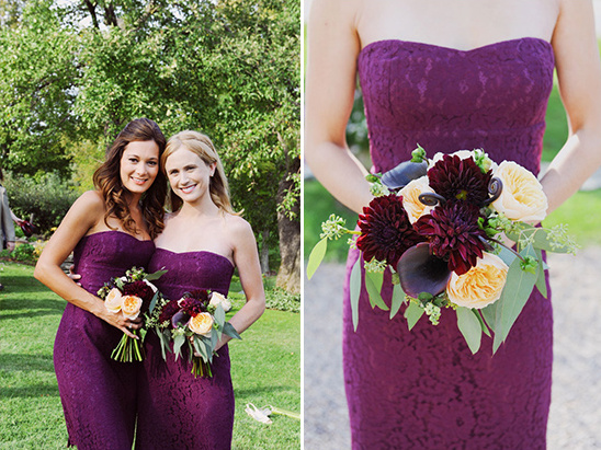Bridesmaids in elegant purple dresses holding bouquets