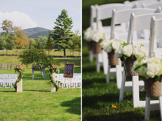 Outdoor wedding ceremony with flowers, chairs and beautiful view
