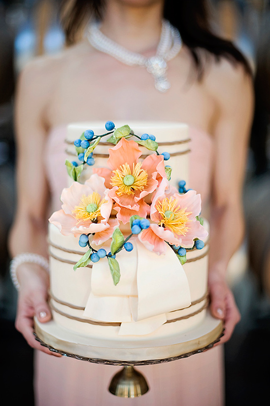 peach and blue wedding cake by Anna Elizabeth Cakes