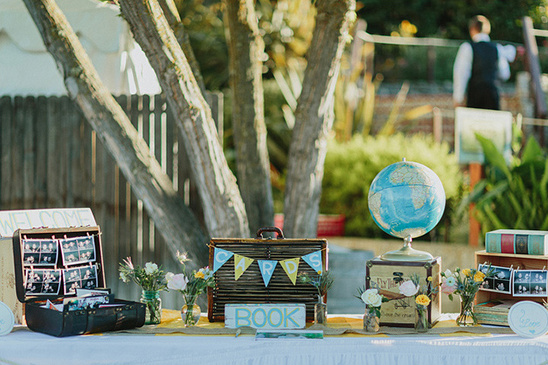 Wedding decor with vintage suitcases and globe on a table