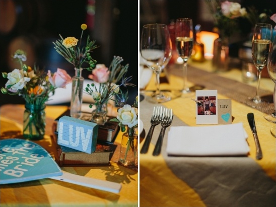 Wedding table setting with flowers and a Luv theme