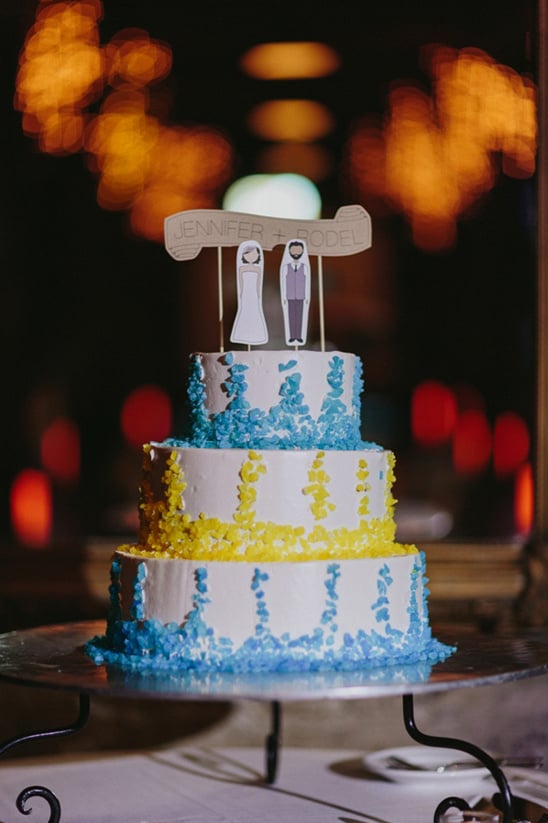 blue and yellow cake with custom cake topper by Ready Go