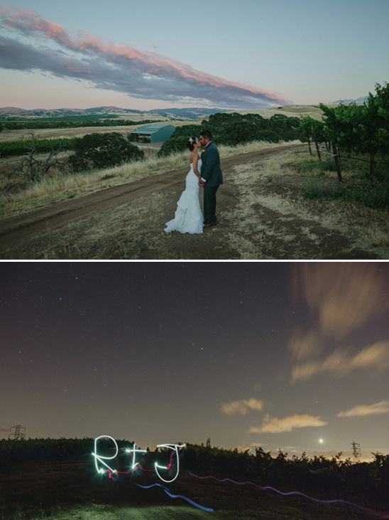 Wedding couple kissing with beautiful sunset and night sky