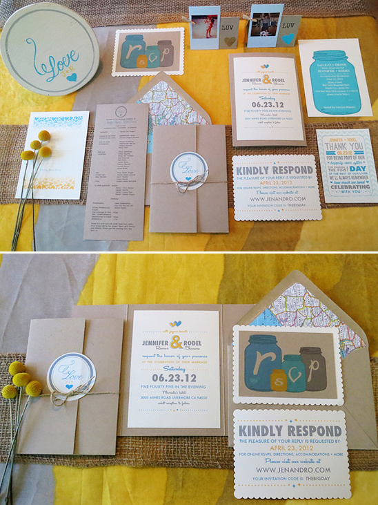 Rustic wedding invitations with mason jars and love theme