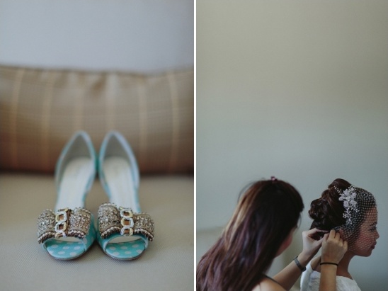 Elegant bridal shoes and hairstylist preparing the bride