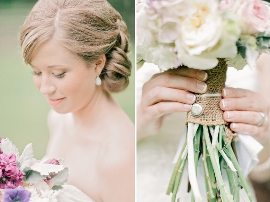 Bride holding wedding bouquet with a locket, romantic and elegant