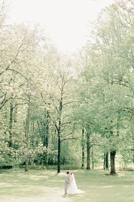 A newly married couple kisses in a sunlit forest clearing