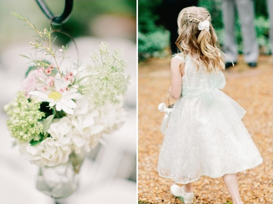 Wedding decor with flower bouquet and flower girl walking away