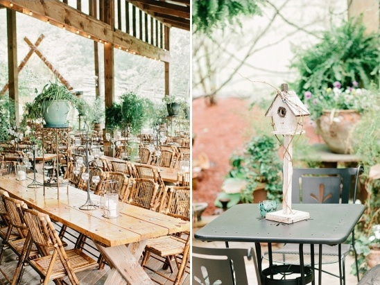 Rustic wedding reception venue with wooden tables and birdhouse
