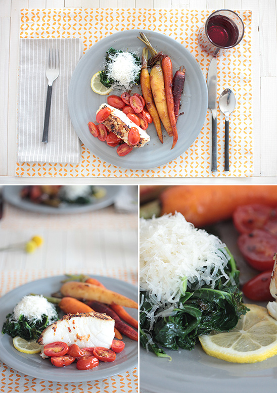 Delicious plate of fish with roasted vegetables and cheese