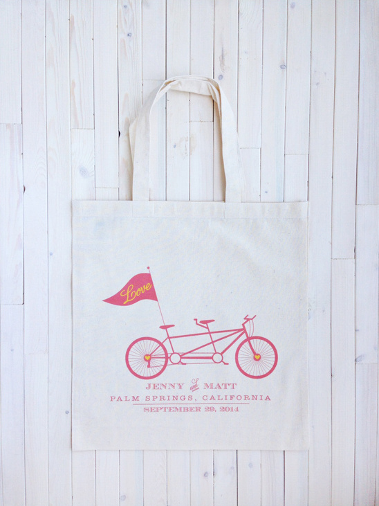 Wedding tote bag with tandem bike and love flag design