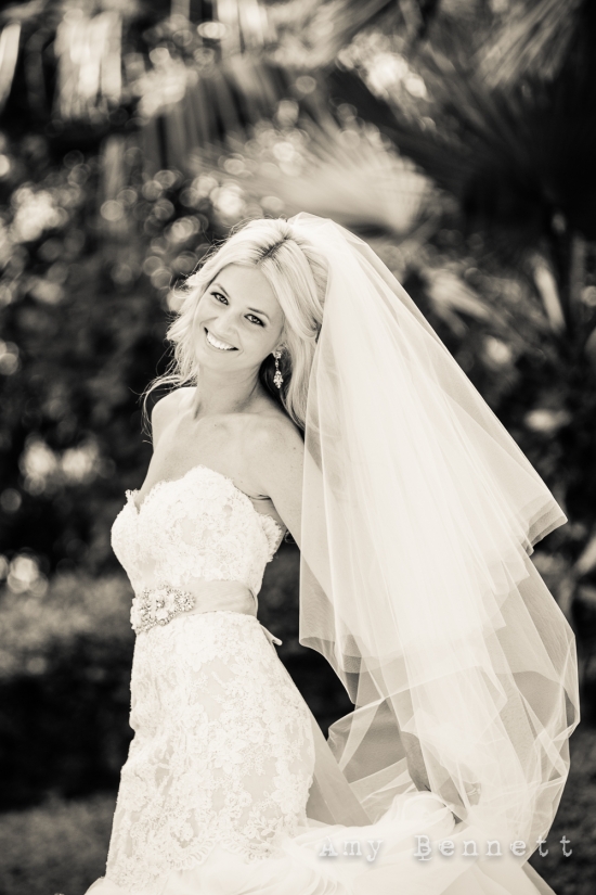 Smiling bride in wedding dress and veil