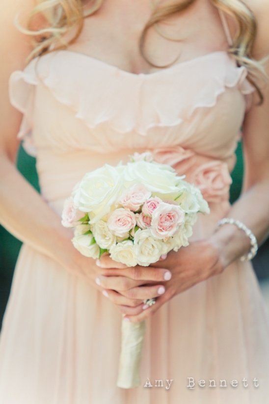 Pretty blush dress with delicate rose bouquet
