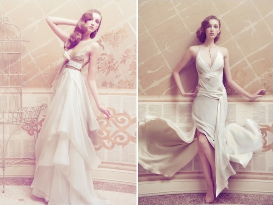Two women posing in elegant vintage inspired white gowns