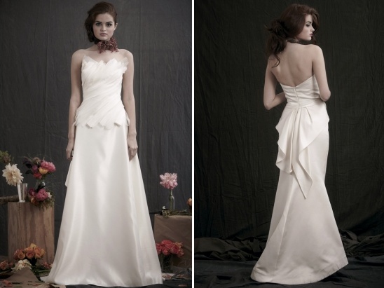 Strapless white wedding gown with draped back detail