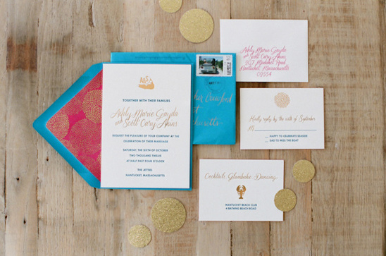 blue, pink and gold wedding invites by Chocolate Creative Design