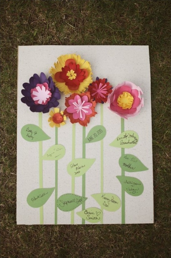 Paper flower wedding guest book with signatures on leaves