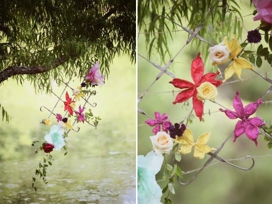 Colorful flowers arranged on wire fence decorations