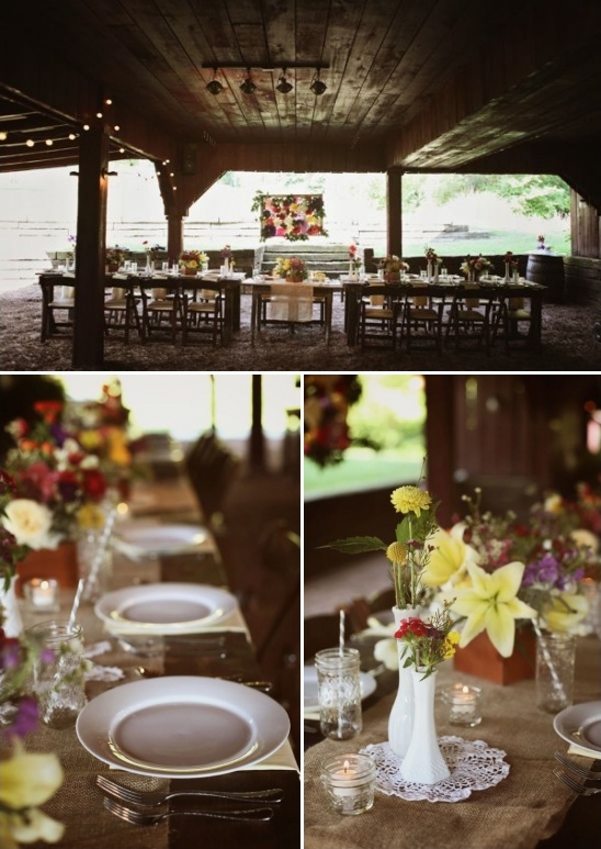 Rustic outdoor wedding reception table setting details