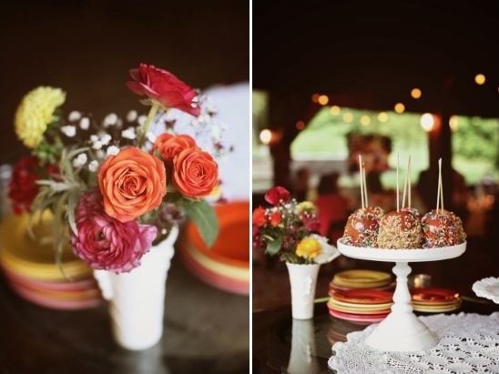 Wedding reception details flowers and caramel apples