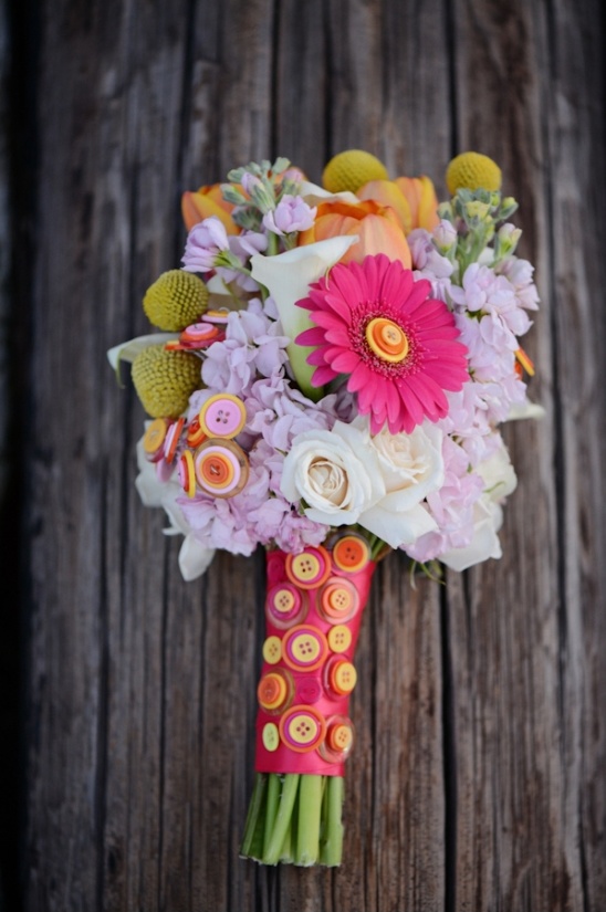 colorful button and floral bouquet by Dream Designs Florist