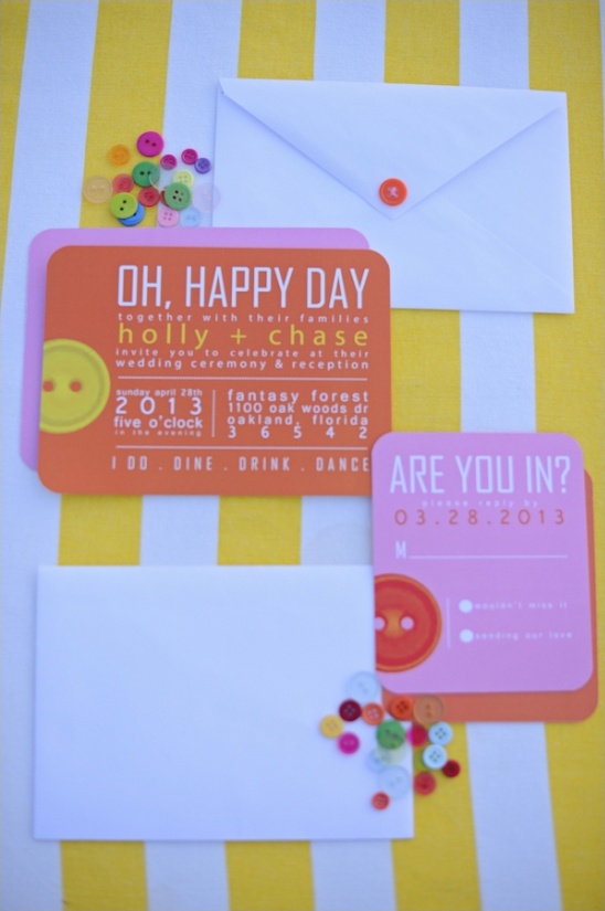 Holly Chase wedding invitation with colorful buttons