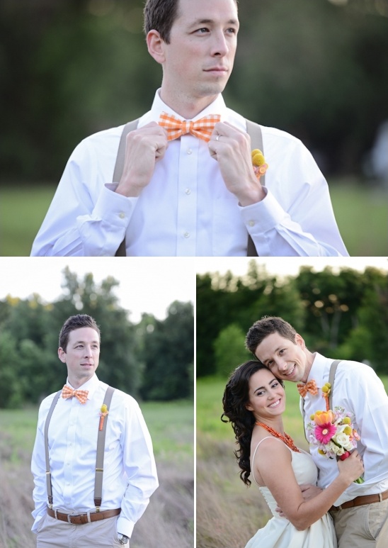 Groom in suspenders and bowtie at outdoor wedding