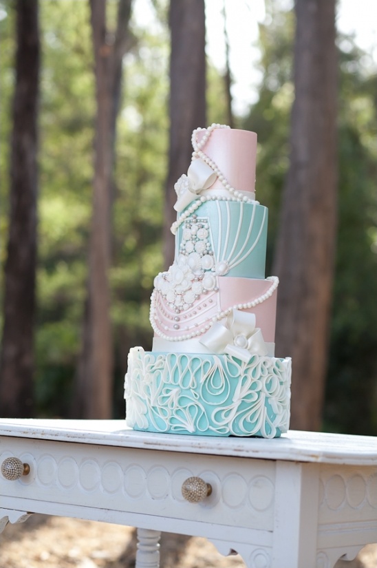 blue and pink wedding cake by The Cake Mamas