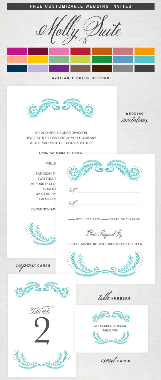 Elegant wedding invitation suite with customizable color options