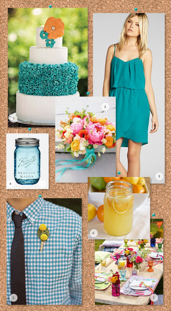 Wedding inspiration board featuring cake, dress and decor