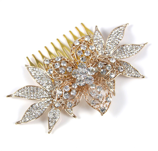 Gold flower hair comb with clear rhinestones
