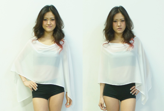 Asian woman in white sheer top two expressions