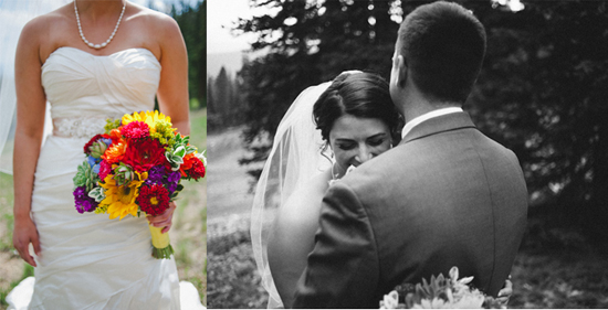 Bride's colorful bouquet and emotional wedding moment