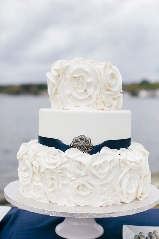 navy and white wedding cake
