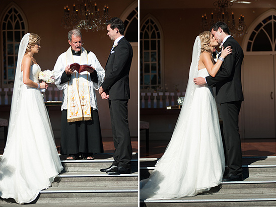 Bride and groom exchanging vows at outdoor wedding ceremony