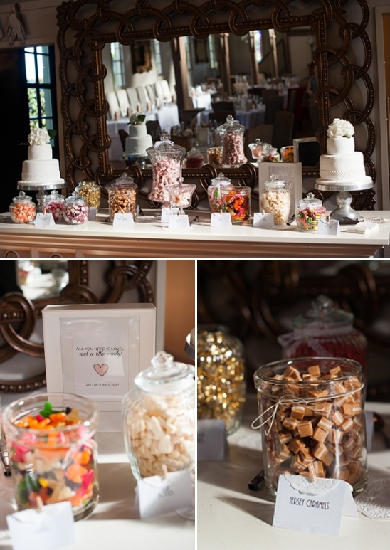 Wedding candy buffet with cakes and jars of sweets