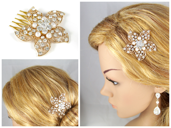 Rose Gold Hair Comb, Pearl hair comb, pink gold wedding, flower, crystal, bridal, brides, hair accessories