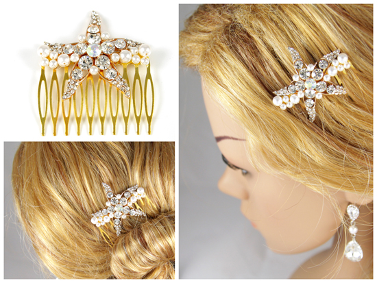 rose godl starfish and pearl hair comb