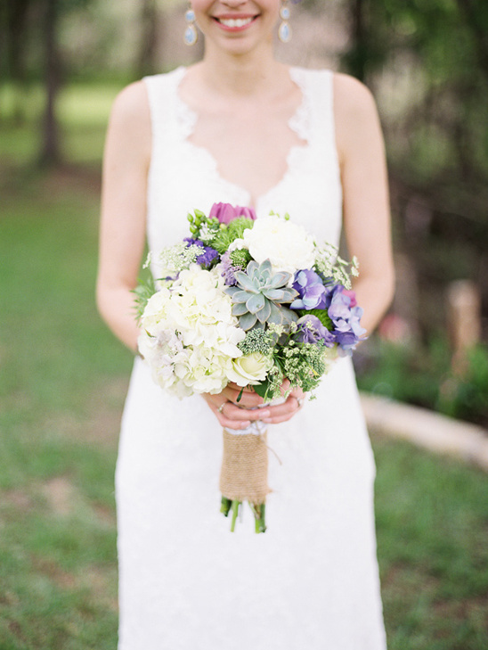 white, purple, pink and succulent bouquet by Cedar Bend Events