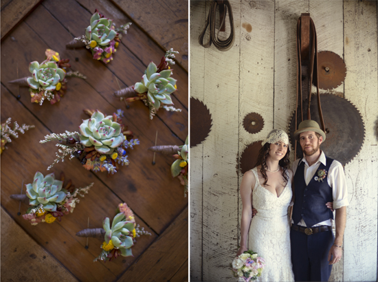 Rustic wedding with succulent boutonnieres and industrial decor