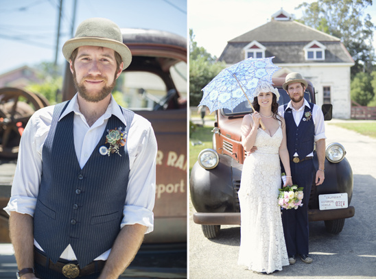 Vintage wedding couple posing with antique truck outdoors